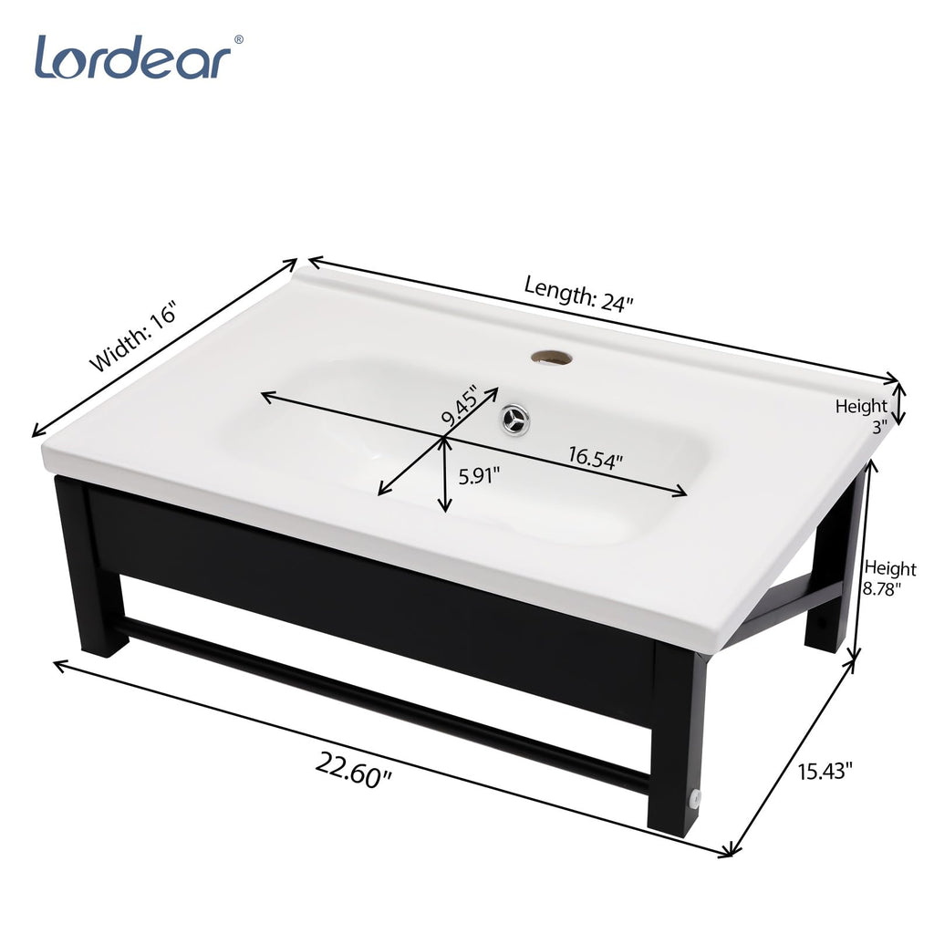 Lordear Wall Mounted Vessel Sink 16x11 Inch, U-Shape White Porcelain Bathroom Sink with Black Faucet and Support Pedestal Legs, Wall Hung Vanity Sink with Towel Rack for Small Bathrooms
