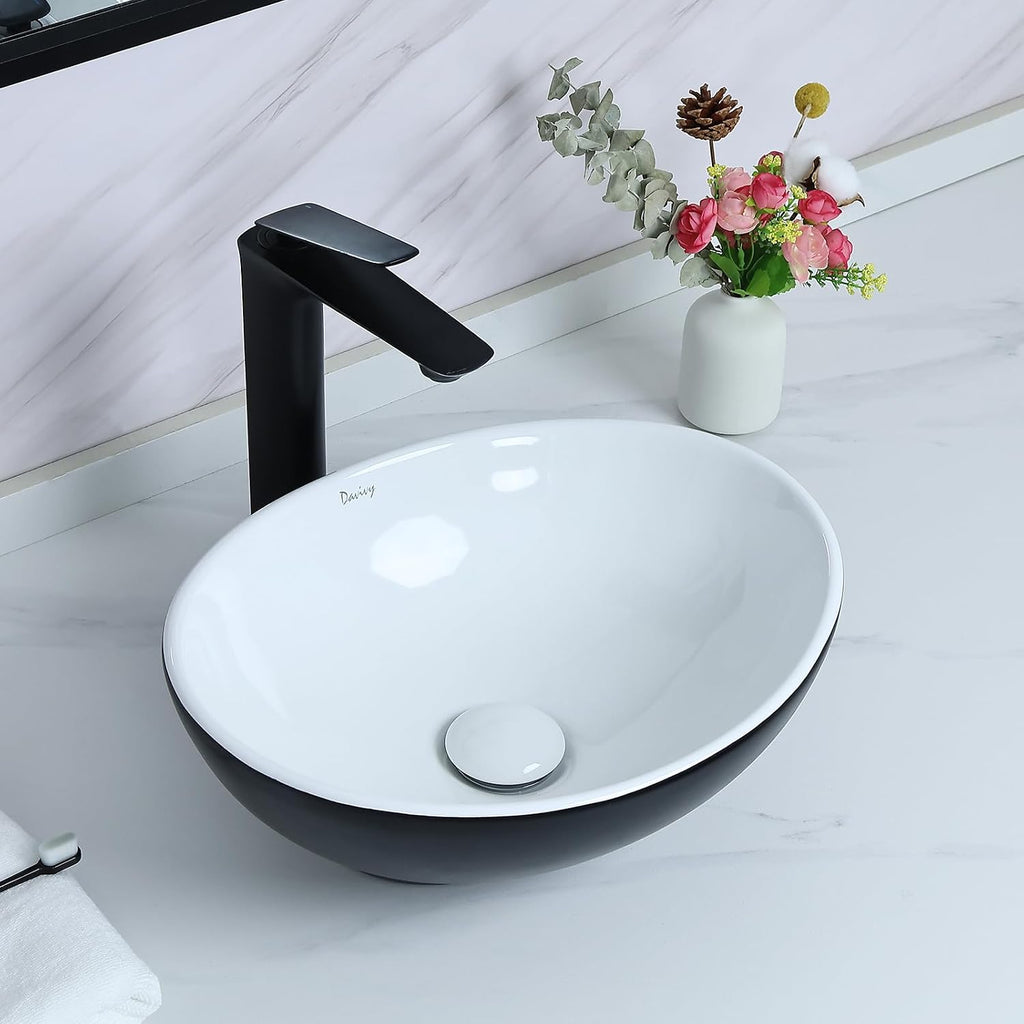 Davivy 15.7'' X 13.4'' Matte Black Oval Vessel Sink with Pop Up Drain,Bathroom Vessel Sinks,Ceramic Vessel Sink,Bathroom Sinks Above Counter,Matte Black Vessel Sinks for Bathrooms