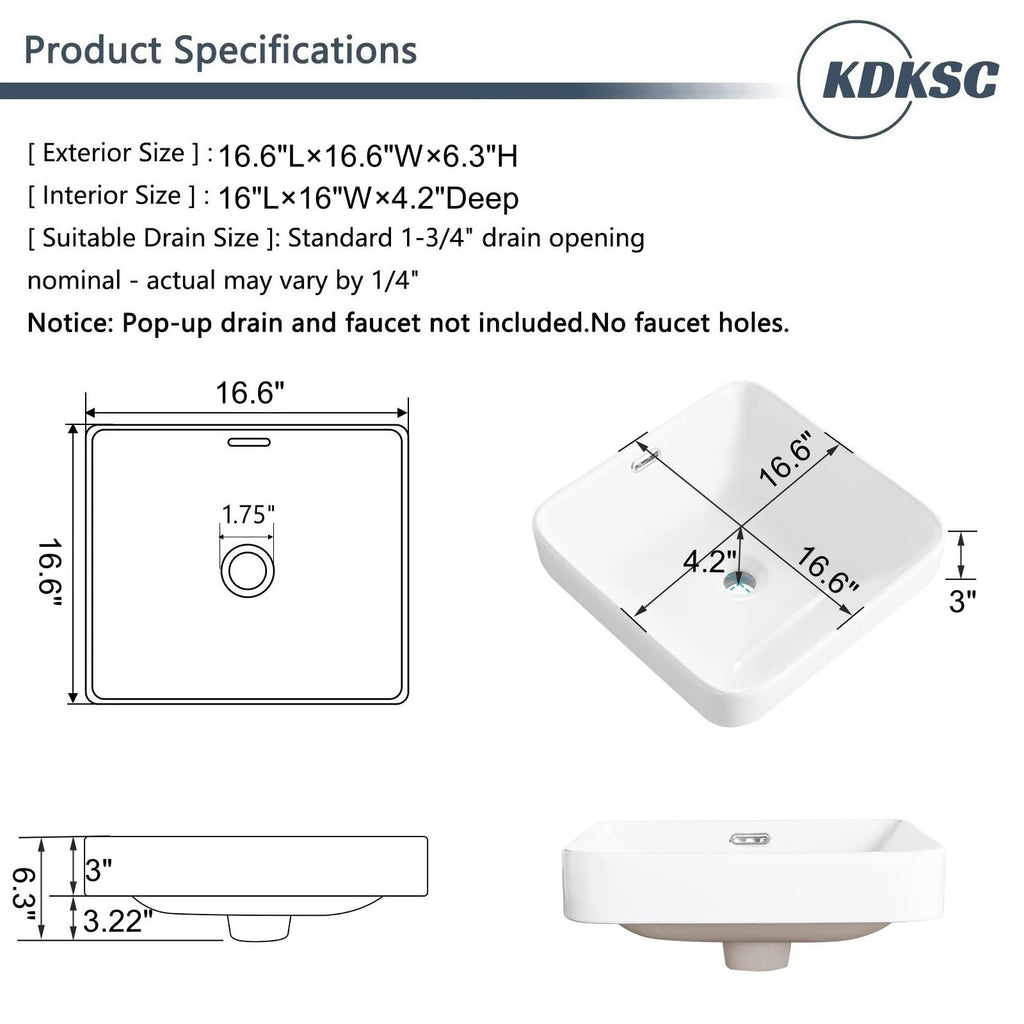 Bathroom Vessel Sink 16.7" X 12.6" Semi Recessed Bathroom Sink Rectangular Drop In Bathroom Sinks with Overflow White Ceramic Vessel Sinks for Bathroom Modern Above Counter Basin Vanity Sink