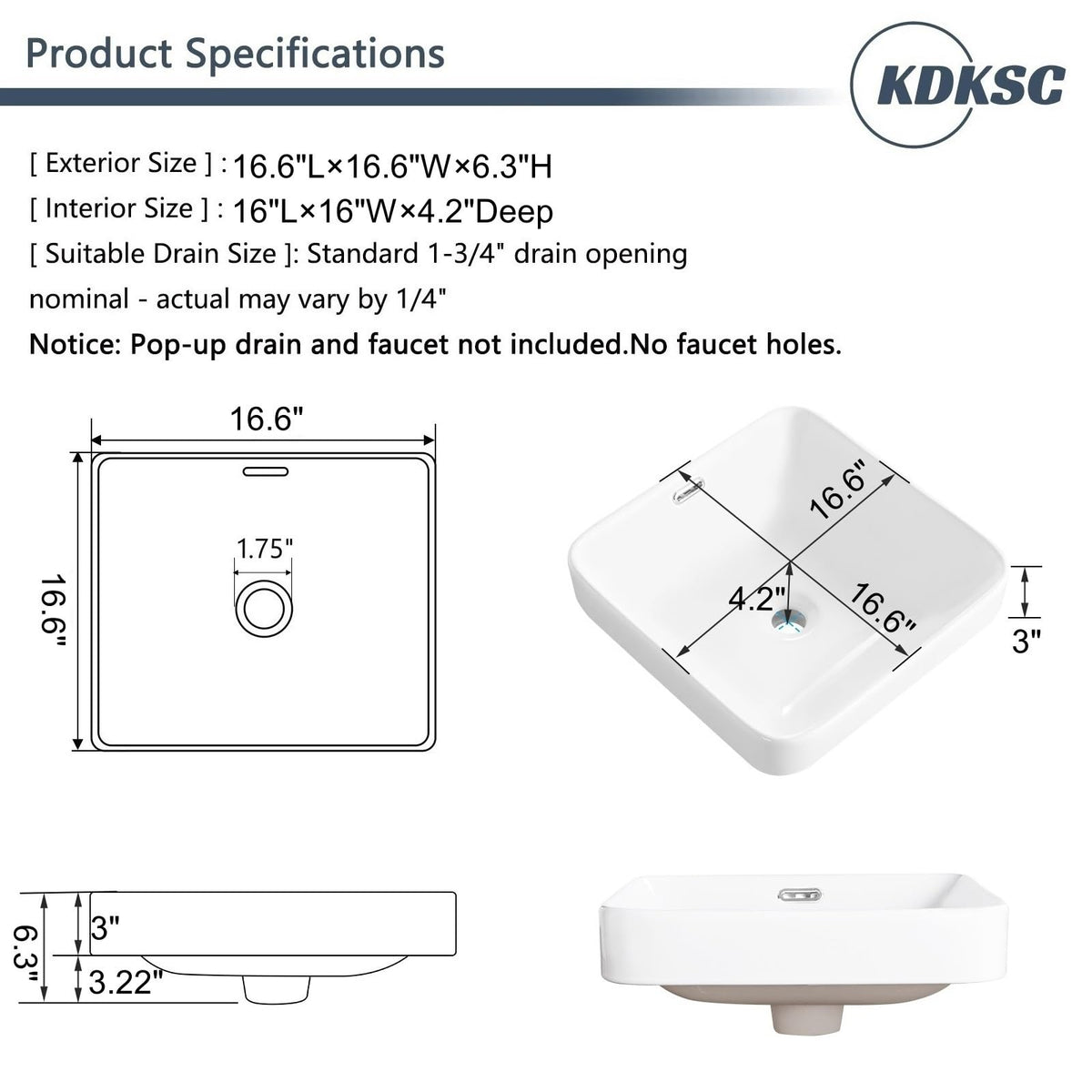 Bathroom Vessel Sink 16.7" X 12.6" Semi Recessed Bathroom Sink Rectangular Drop In Bathroom Sinks with Overflow White Ceramic Vessel Sinks for Bathroom Modern Above Counter Basin Vanity Sink