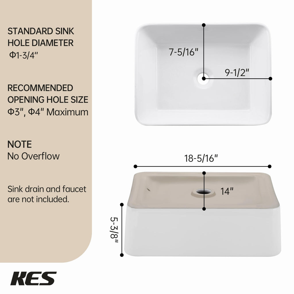 KES Matte Black 20 Inch Bathroom Vessel Sink Above Counter Rectangular Countertop Sink for Cabinet Lavatory Vanity, Ceramic, BVS123S50-BK