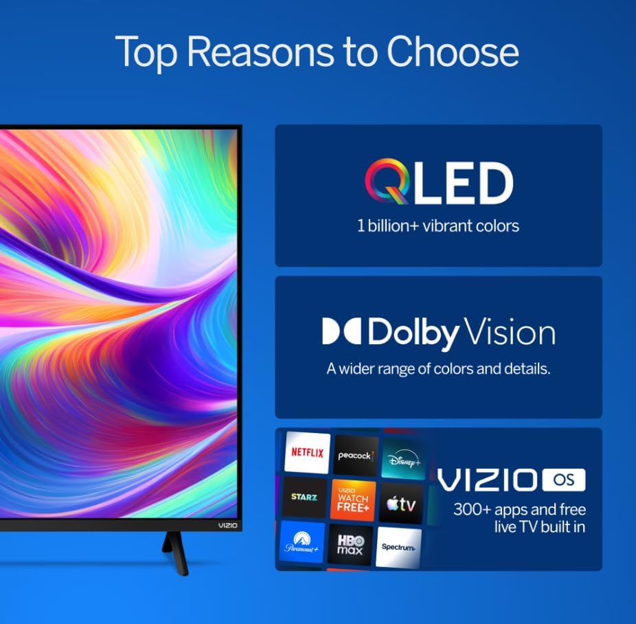 VIZIO 43" V-Series Quantum 4K QLED Smart TV with Dolby Vision HDR, WiFi 6, HDMI VRR, and Home Screen VQD43R-1004 (Renewed)