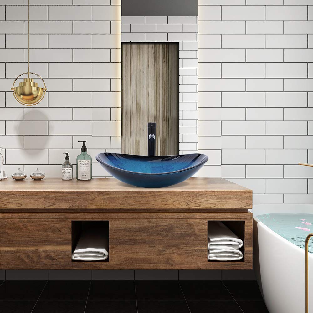Vessel Sink Bathroom Sinks Tempered Glass Art Basin 20.8"x13.7" Oval Bowl Above Counter with Faucet and Pop-Up Drain Combo, Oval Clear Grey,Modern Countertop Bowl Sink