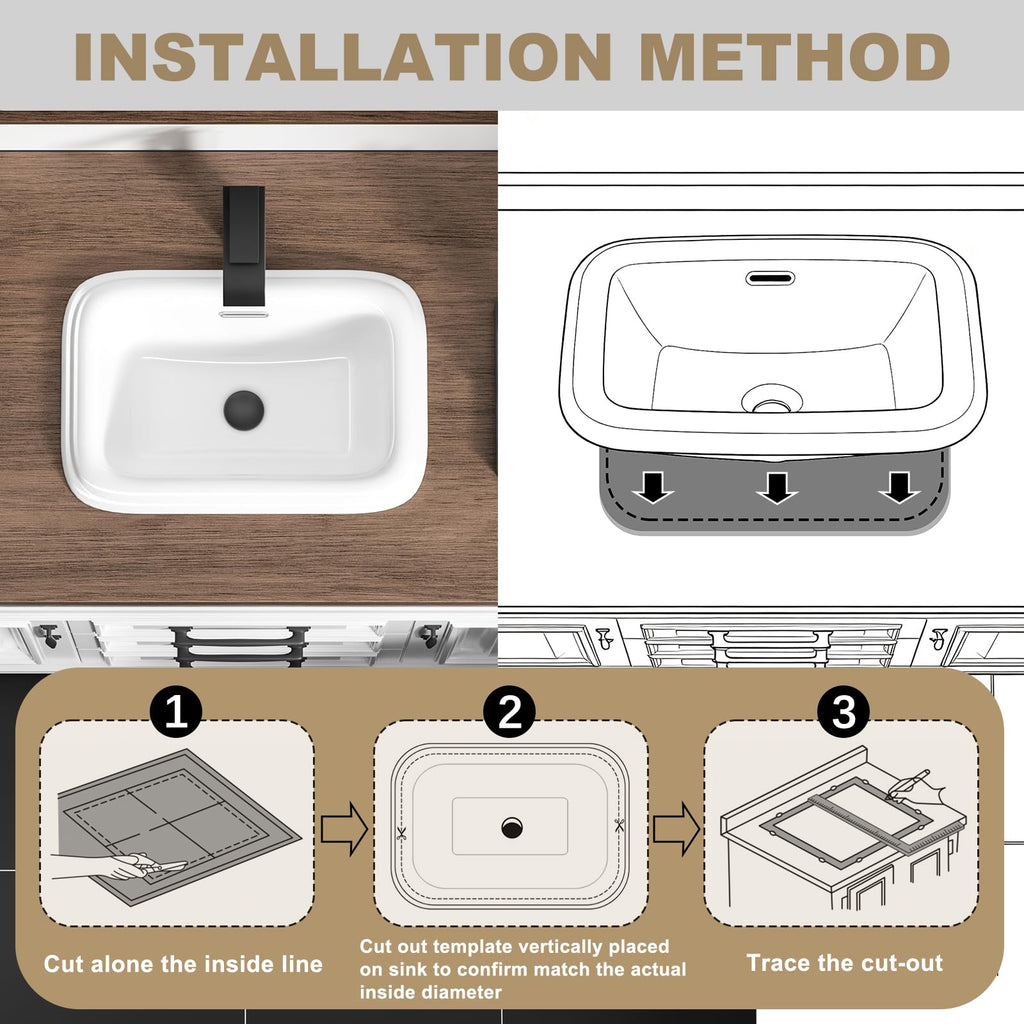 Small Bathroom Vessel Sink 16.7'' x 12.6'' Semi Recessed Bathroom Sink Rectangular Drop-in Vanity Sink with Overflow White Ceramic Modern Art Basin