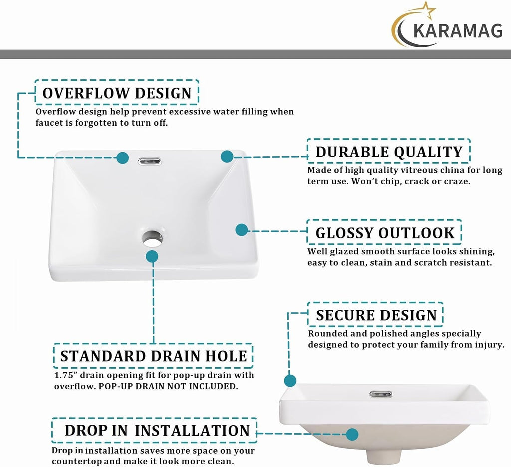 Small Bathroom Vessel Sink 16.7'' x 12.6'' Semi Recessed Bathroom Sink Rectangular Drop-in Vanity Sink with Overflow White Ceramic Modern Art Basin