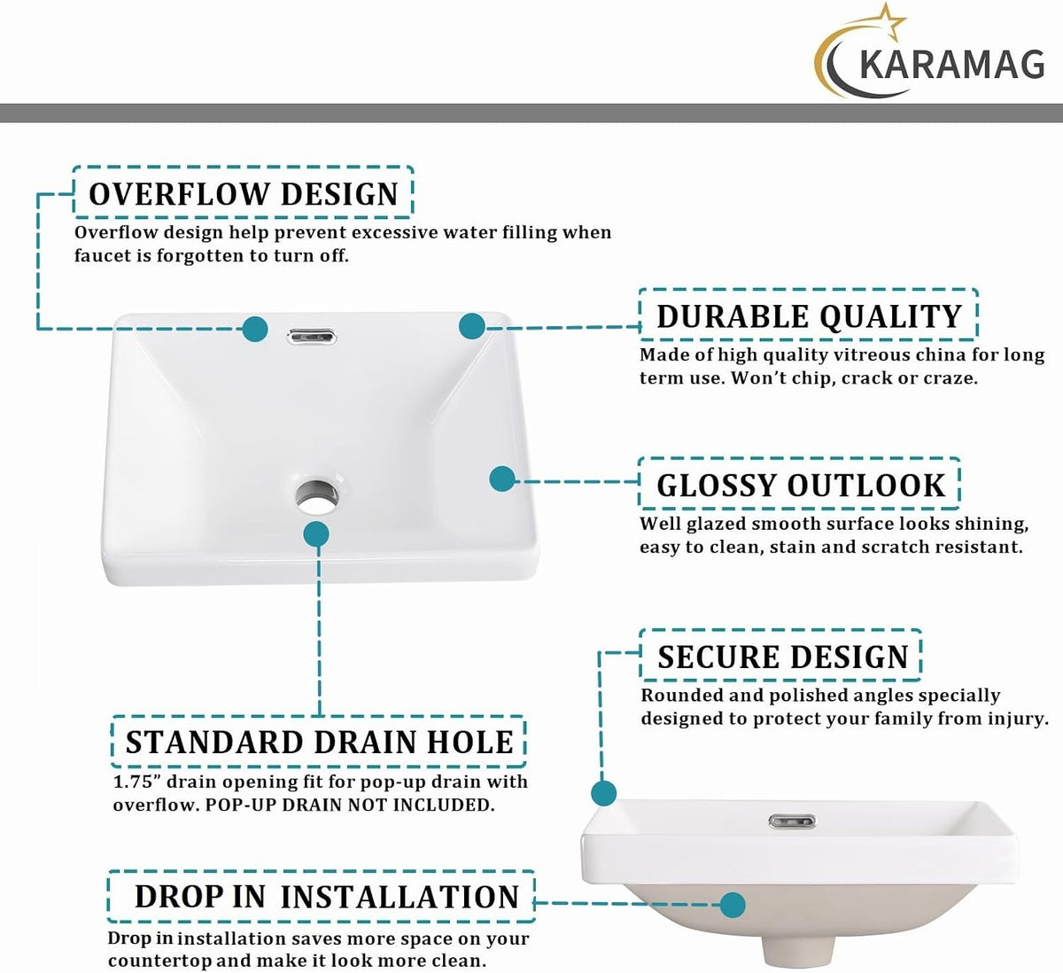 Small Bathroom Vessel Sink 16.7'' x 12.6'' Semi Recessed Bathroom Sink Rectangular Drop-in Vanity Sink with Overflow White Ceramic Modern Art Basin