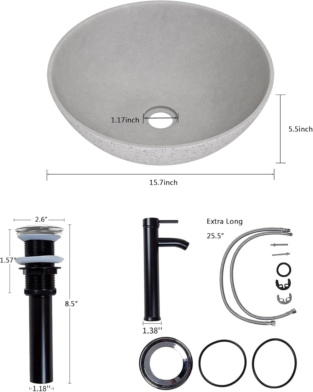 Design Vessel Sink Concrete Bathroom Sink above Counter Small Vessel Sink Bathroom Sink Bowl Countertop Modern Sinks with Faucet and Drain Combo 15.7" Round Gray