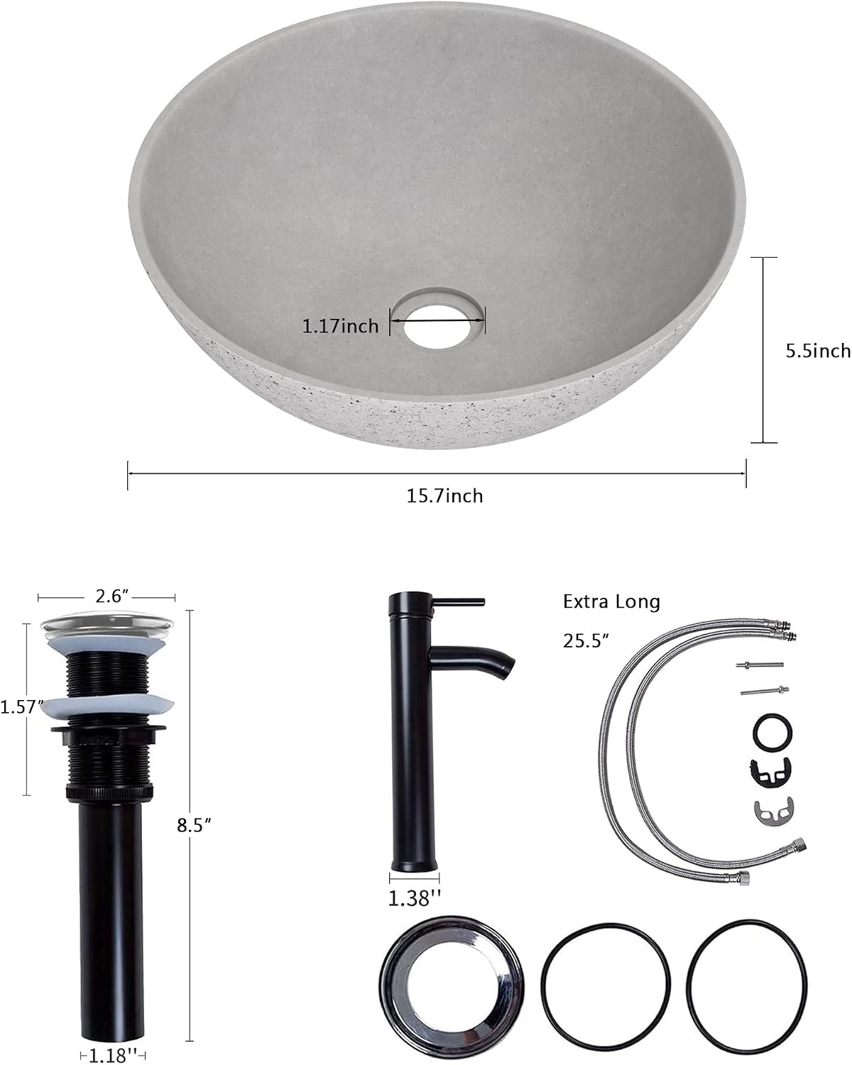 Design Vessel Sink Concrete Bathroom Sink above Counter Small Vessel Sink Bathroom Sink Bowl Countertop Modern Sinks with Faucet and Drain Combo 15.7" Round Gray