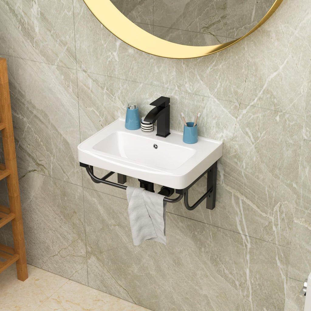 Lordear Wall Mounted Vessel Sink 16x11 Inch, U-Shape White Porcelain Bathroom Sink with Black Faucet and Support Pedestal Legs, Wall Hung Vanity Sink with Towel Rack for Small Bathrooms