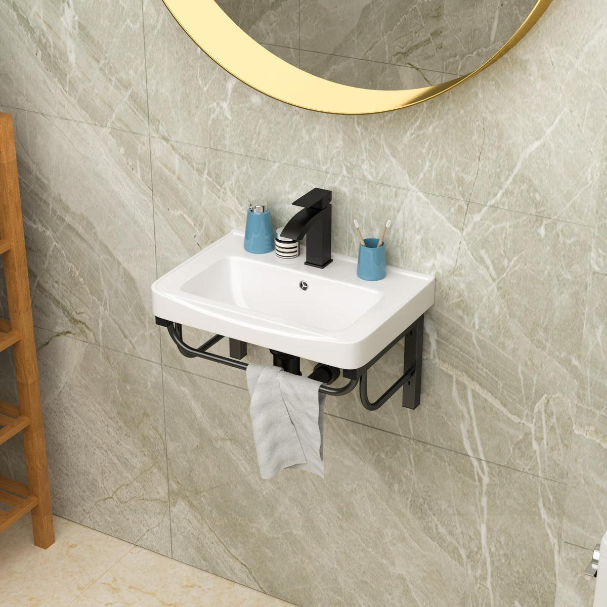 Lordear Wall Mounted Vessel Sink 16x11 Inch, U-Shape White Porcelain Bathroom Sink with Black Faucet and Support Pedestal Legs, Wall Hung Vanity Sink with Towel Rack for Small Bathrooms