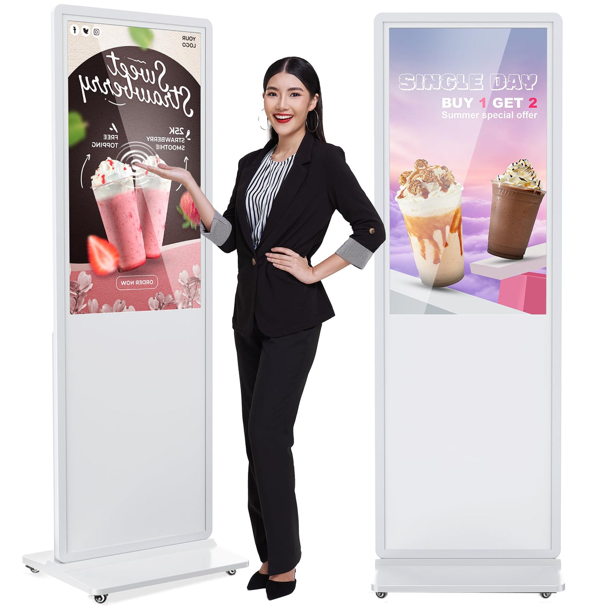 32 inch Indoor Digital Signage LCD Screen IPS Floor Standing Digital Kiosks Interactive Displays with WiFi HDMI/USB Input Auto AD Player, Android OS Black