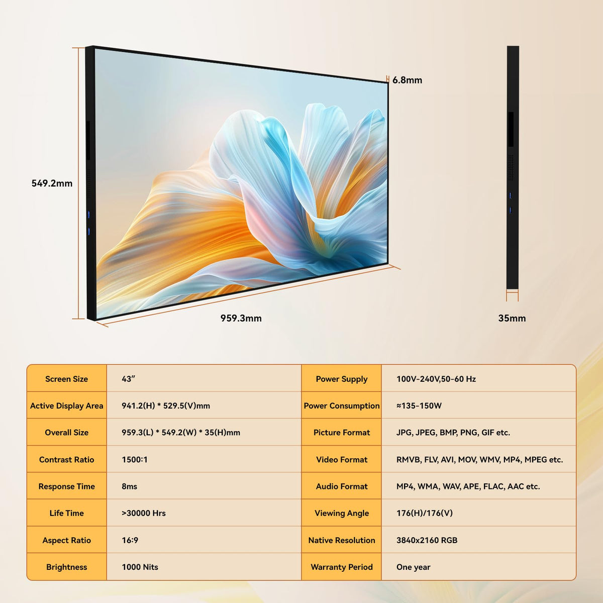50" Digital Signage Display 1000-Nit 4K UHD Commercial Screen