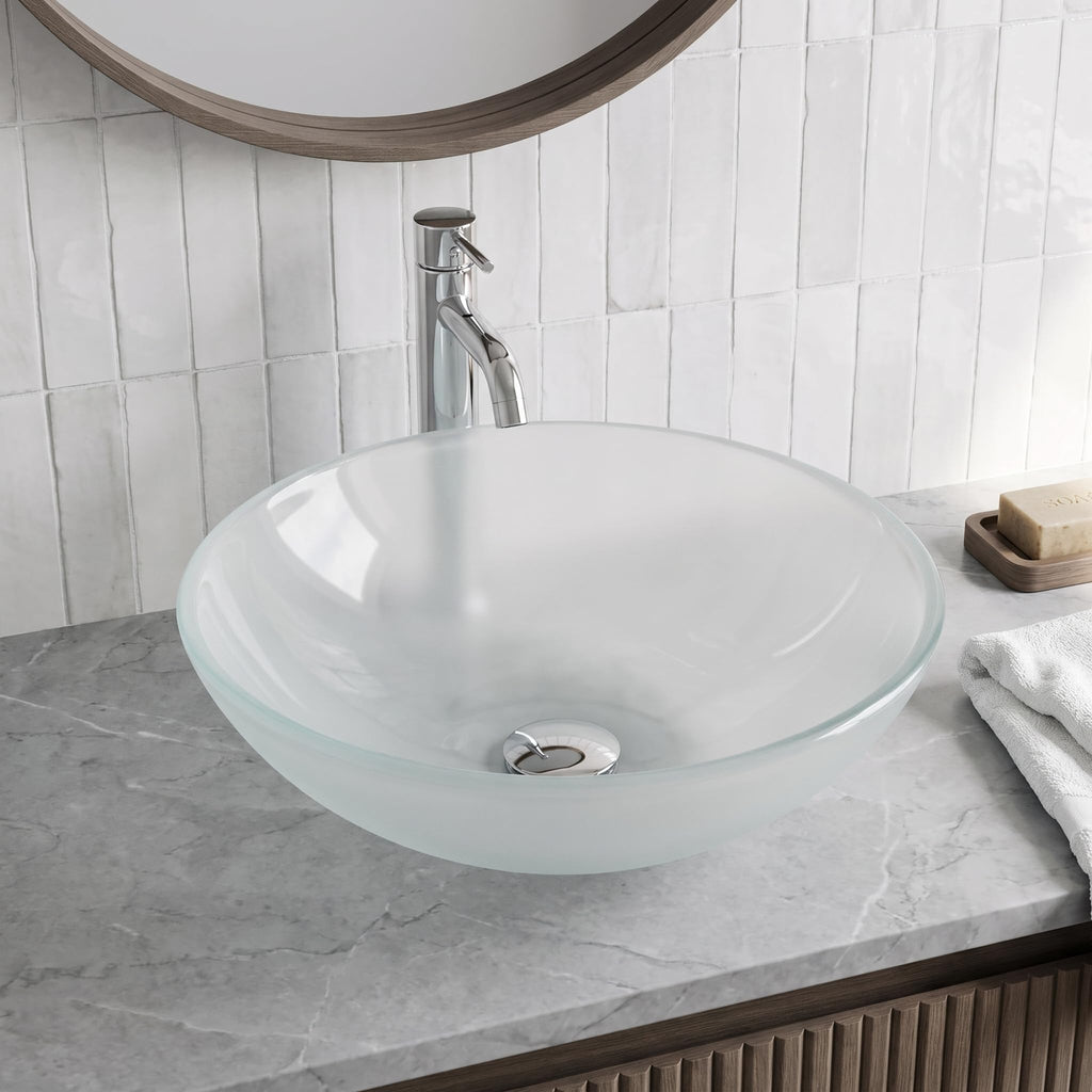 Vigo Vessel Sink Copper - 17â Artistic Round Bowl Sink for Bathrooms, Tempered Glass Above Counter Bathroom Sink with NonStickShield, QuickDrain & TempGuard, Modern Luxury Design