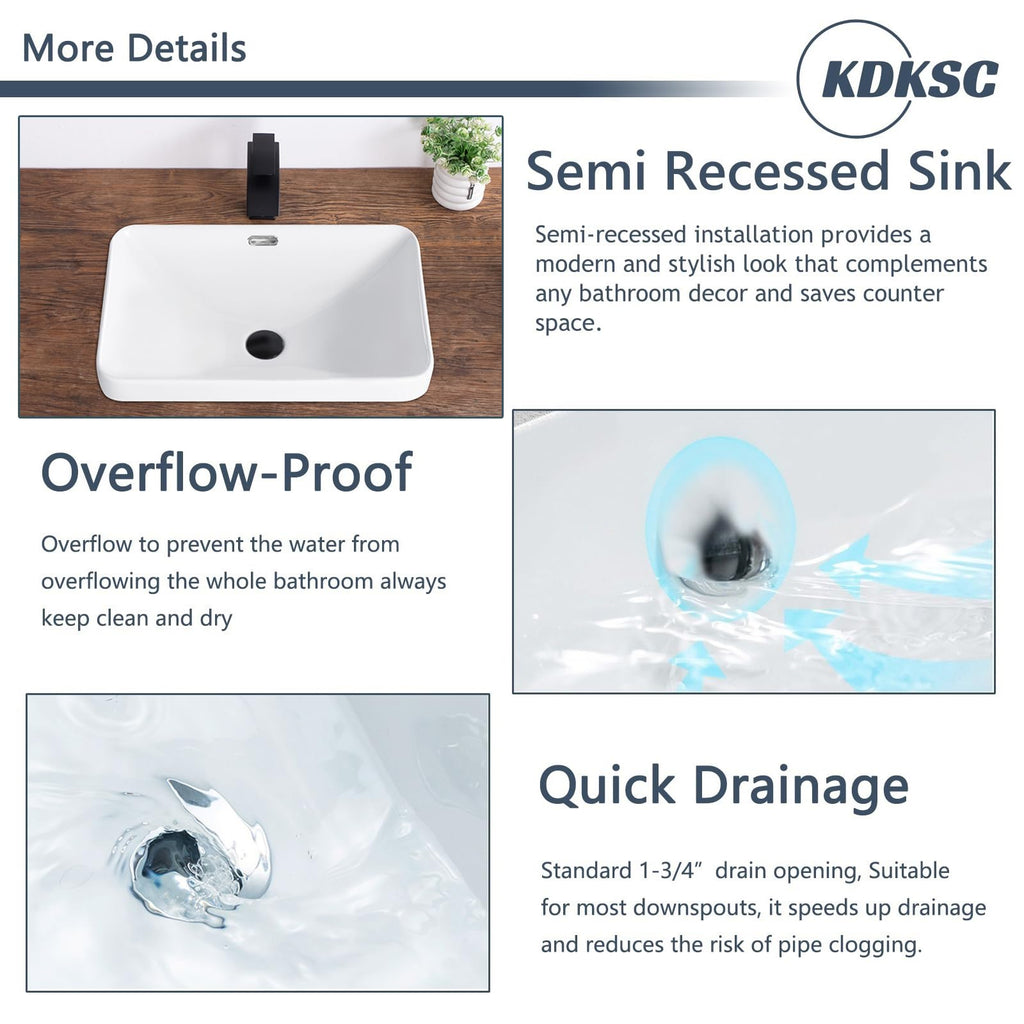 Bathroom Vessel Sink 16.7" X 12.6" Semi Recessed Bathroom Sink Rectangular Drop In Bathroom Sinks with Overflow White Ceramic Vessel Sinks for Bathroom Modern Above Counter Basin Vanity Sink