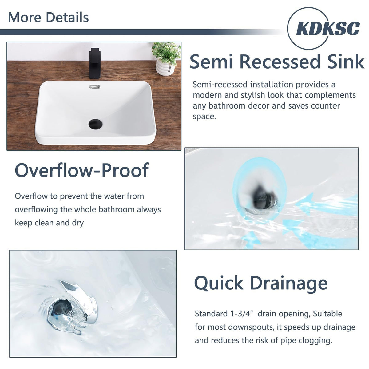 Bathroom Vessel Sink 16.7" X 12.6" Semi Recessed Bathroom Sink Rectangular Drop In Bathroom Sinks with Overflow White Ceramic Vessel Sinks for Bathroom Modern Above Counter Basin Vanity Sink