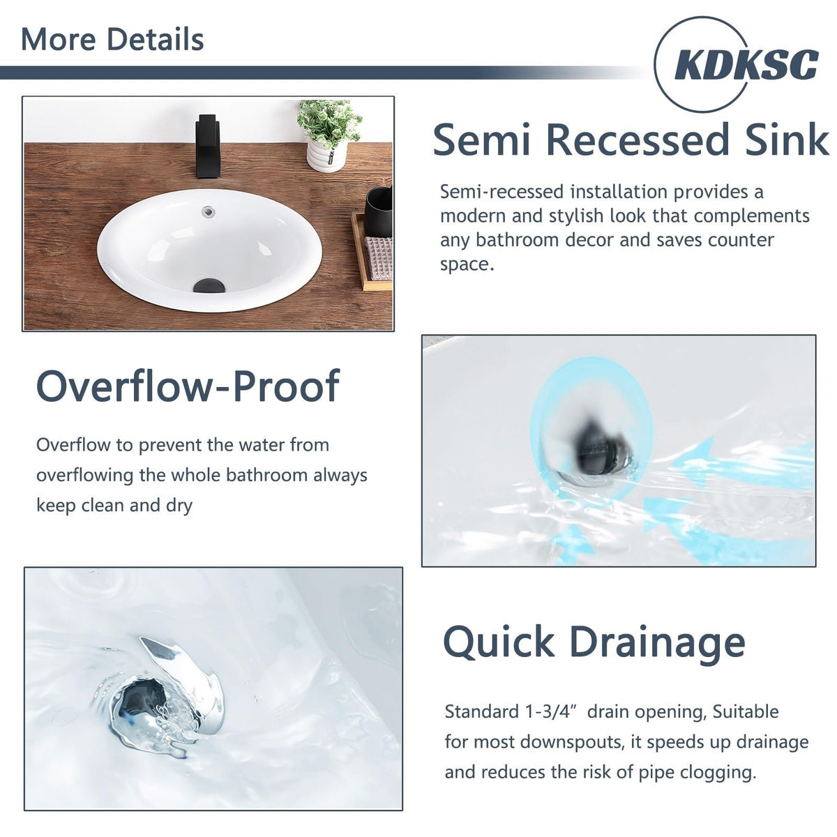 Bathroom Vessel Sink 16.7" X 12.6" Semi Recessed Bathroom Sink Rectangular Drop In Bathroom Sinks with Overflow White Ceramic Vessel Sinks for Bathroom Modern Above Counter Basin Vanity Sink