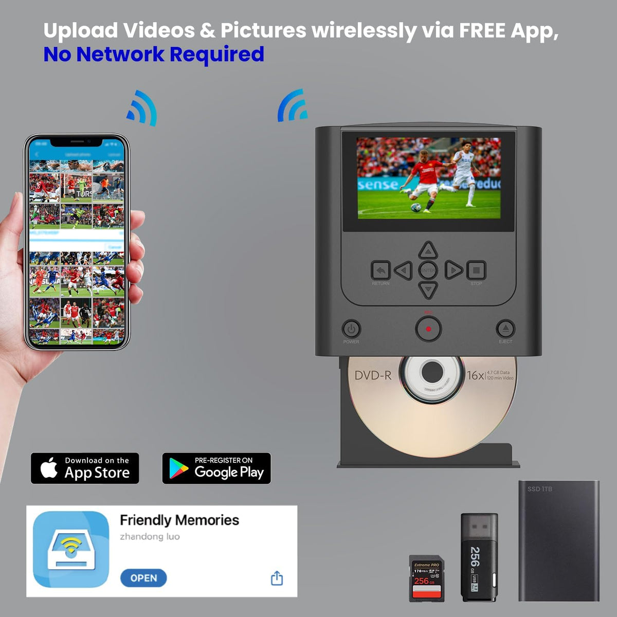 VHS to DVD Recorder, VCR to DVD Recorder-Convert Photos and Videos Between VHS,VCR,Memory Cardï¼DVD and USB. Phone can use a Free app to Burn Videos and Photos, Also has TV Recording Functionï¼Blackï¼