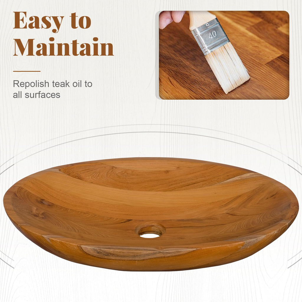 Giantex Teak Wood Vessel Sink - Bathroom Washbasin with Smooth Finish, Round Corner, 2.5â Drain Hole for 1 5/8" Drainage, Above Counter Vanity Sinks, No Assembly Art Basin (16â x 16â x 4â Bowl-shaped)