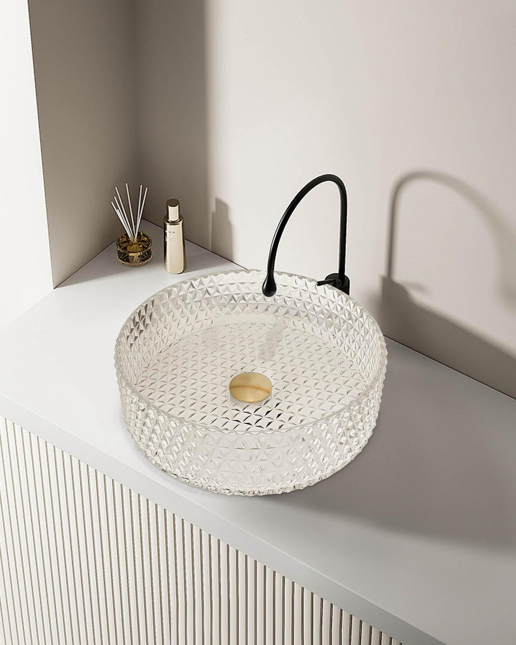 Homary Bathroom Vessel Sink Round Vessel Sink 15.35" x 4.33" Transparent Diamond Shaped Crystal Glass Bathroom Sink Above Counter with Pop-up Drain, Clear