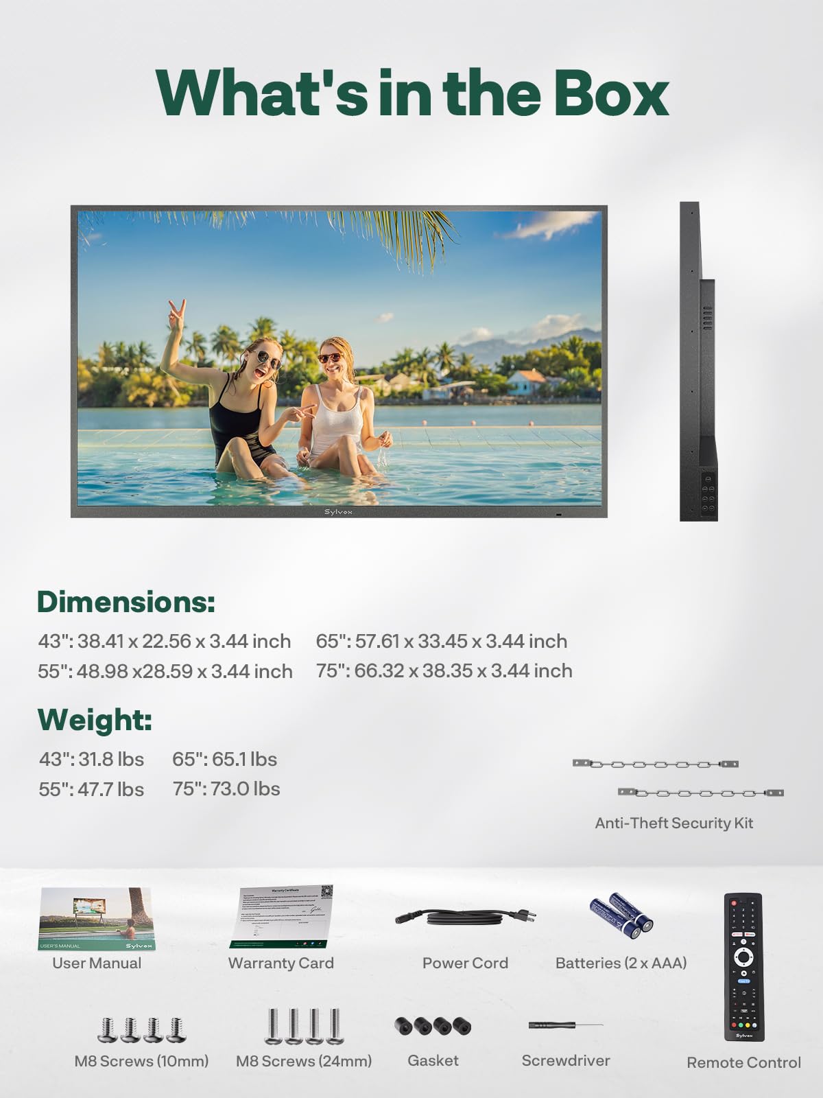 SYLVOX 75" QLED Outdoor TV, Smart Google TV, Anti-Glare 4K UHD, Dolby Atmos
