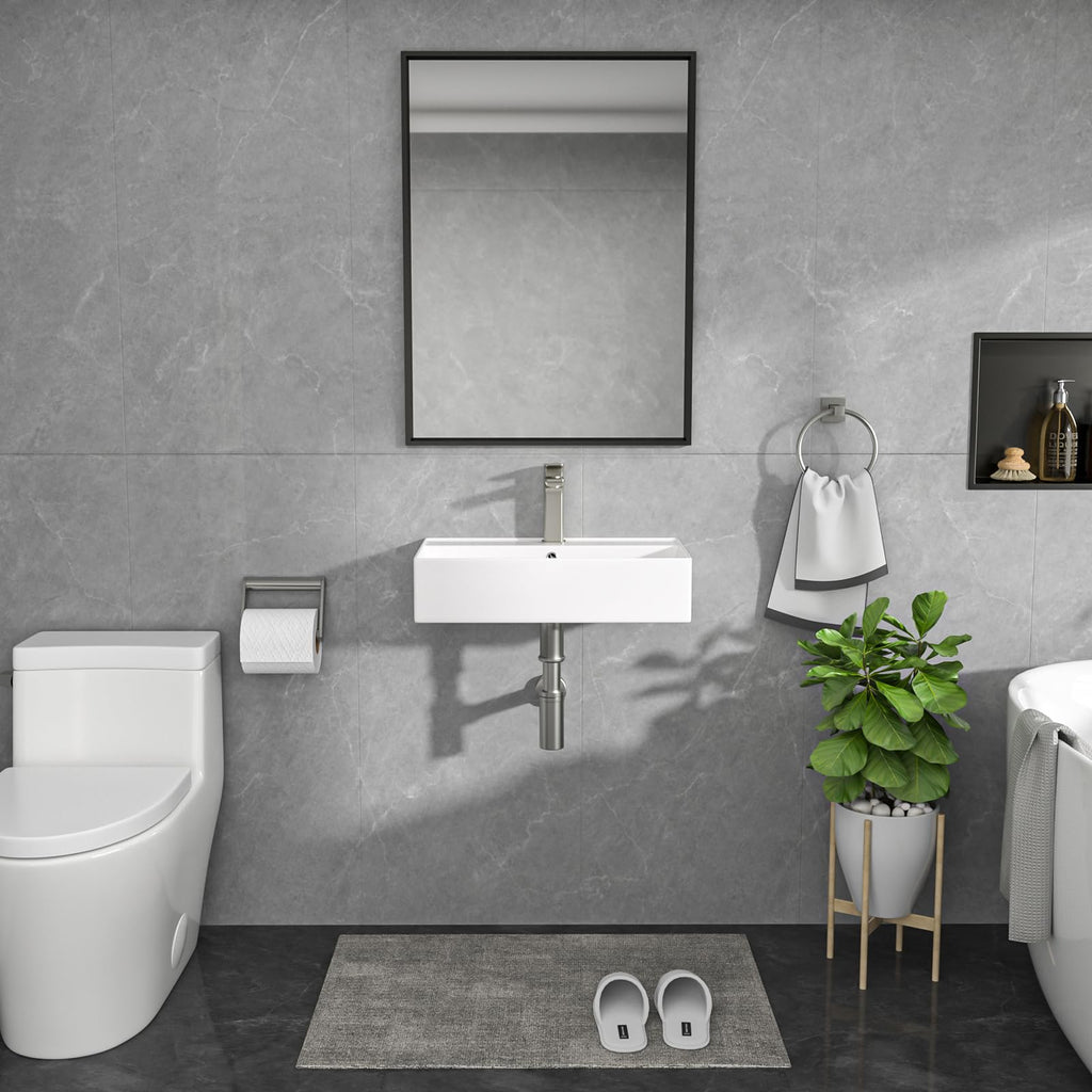 Lordear Wall Mounted Vessel Sink 16x11 Inch, U-Shape White Porcelain Bathroom Sink with Black Faucet and Support Pedestal Legs, Wall Hung Vanity Sink with Towel Rack for Small Bathrooms