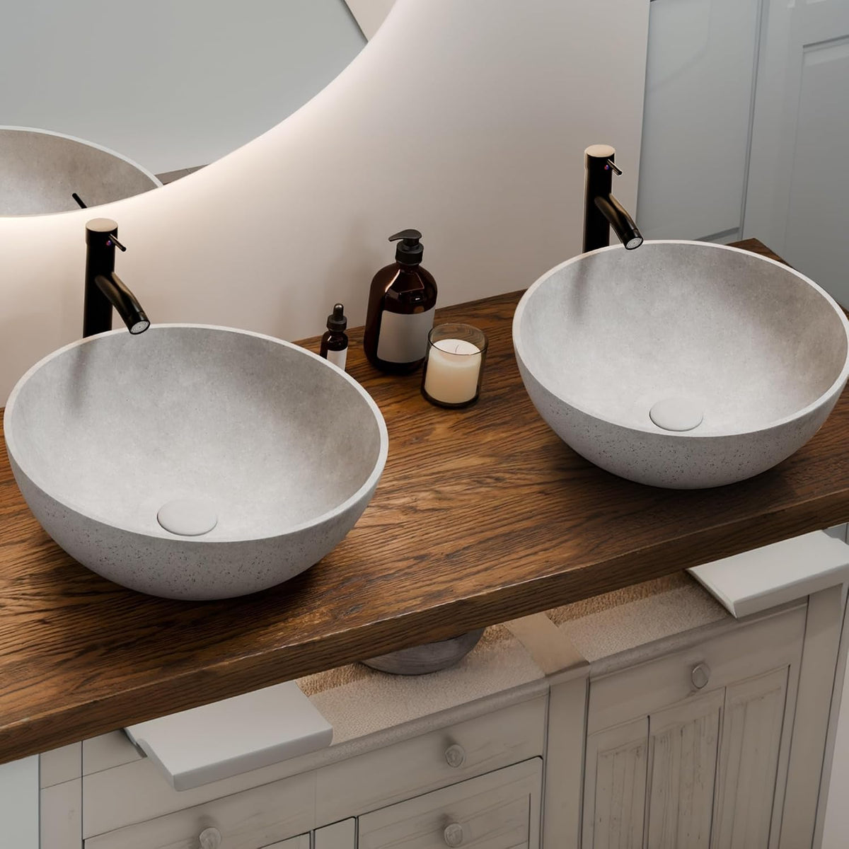 Design Vessel Sink Concrete Bathroom Sink above Counter Small Vessel Sink Bathroom Sink Bowl Countertop Modern Sinks with Faucet and Drain Combo 15.7" Round Gray