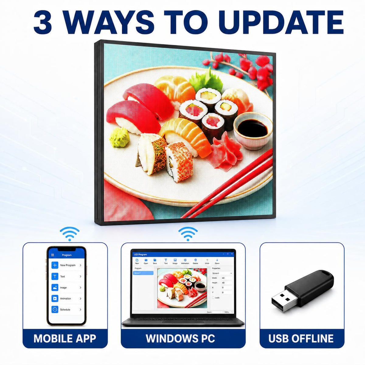 CX 65 x 34 Inch P5 Outdoor LED Sign, 320 x 160 Full-Color RGB Message Board with WiFi, Mobile App and USB Control, IP65 Display for Scrolling Text, Images and Video