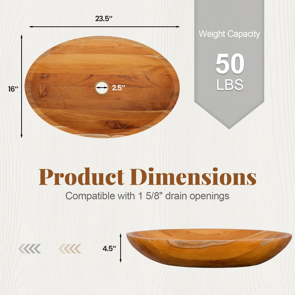 Giantex Teak Wood Vessel Sink - Bathroom Washbasin with Smooth Finish, Round Corner, 2.5â Drain Hole for 1 5/8" Drainage, Above Counter Vanity Sinks, No Assembly Art Basin (16â x 16â x 4â Bowl-shaped)