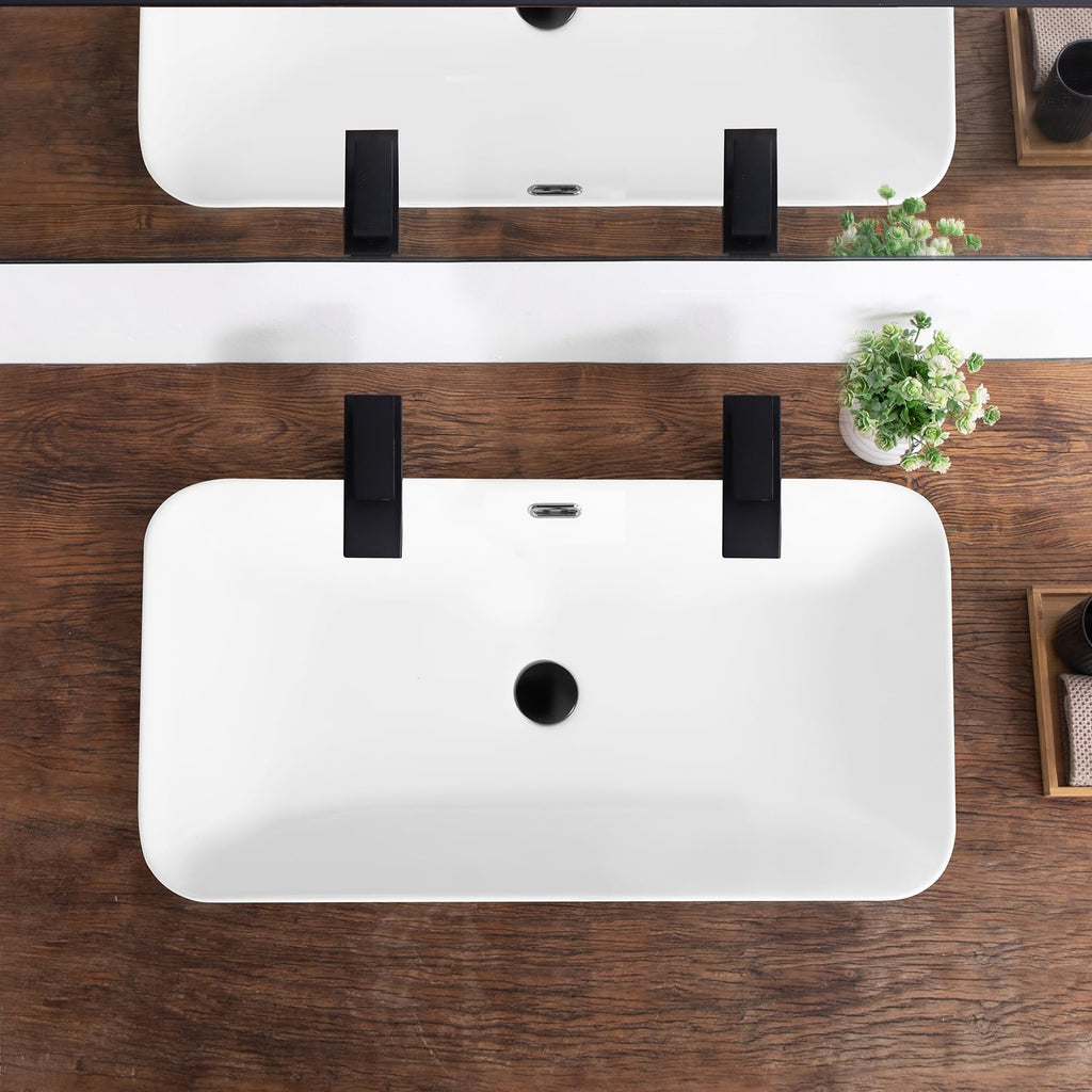 Bathroom Vessel Sink 16.7" X 12.6" Semi Recessed Bathroom Sink Rectangular Drop In Bathroom Sinks with Overflow White Ceramic Vessel Sinks for Bathroom Modern Above Counter Basin Vanity Sink