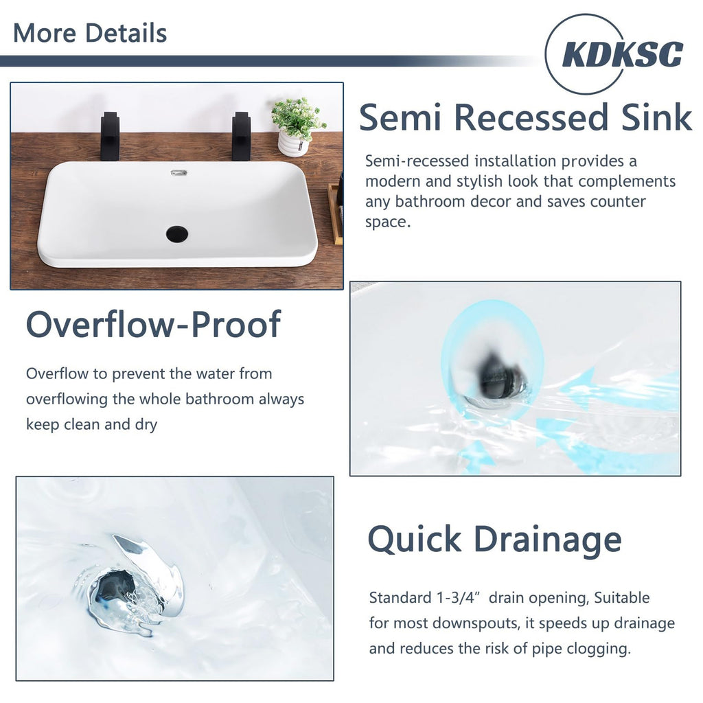 Bathroom Vessel Sink 16.7" X 12.6" Semi Recessed Bathroom Sink Rectangular Drop In Bathroom Sinks with Overflow White Ceramic Vessel Sinks for Bathroom Modern Above Counter Basin Vanity Sink