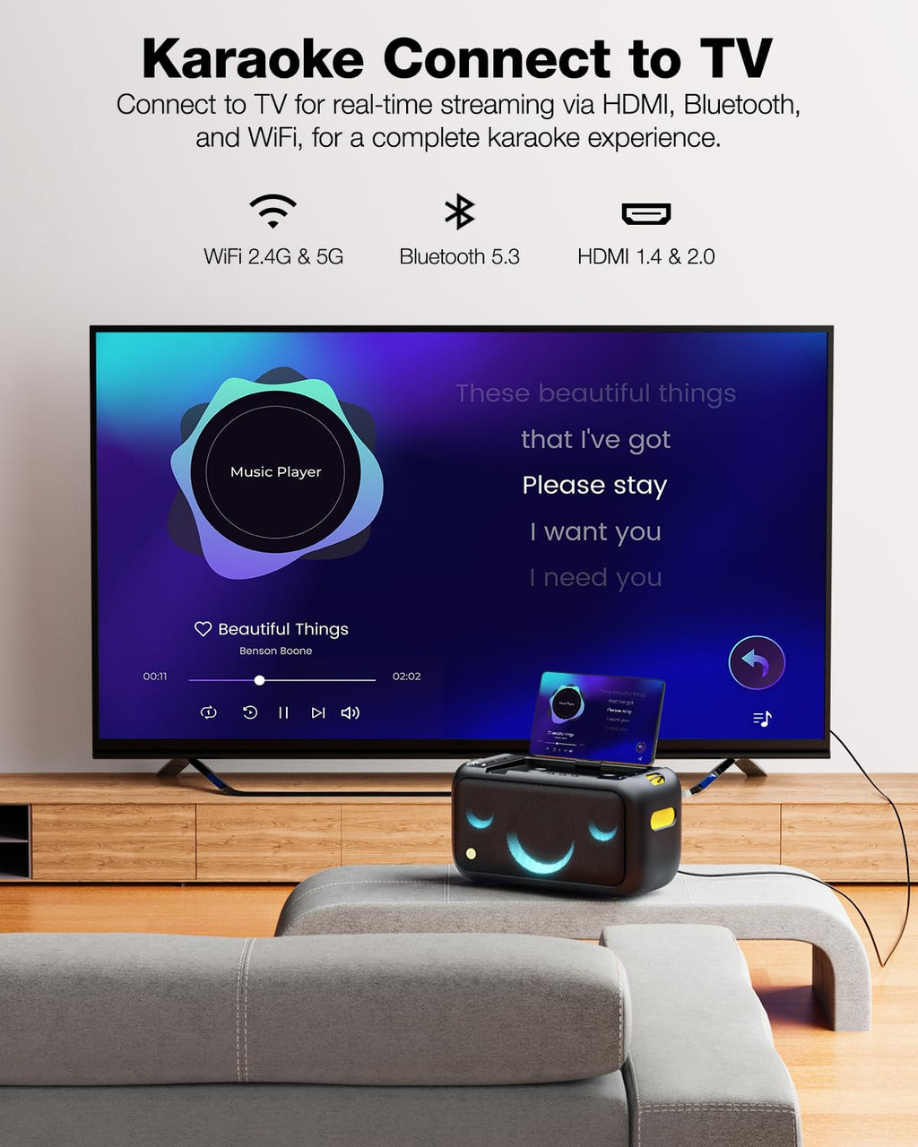 Ikarao Karaoke Machine with Microphone Stand, Portable Bluetooth Speaker for Party, Backyard, Karaoke System with 2 Wireless Microphone for Adults Kids, for Women, Men, Singing Lovers