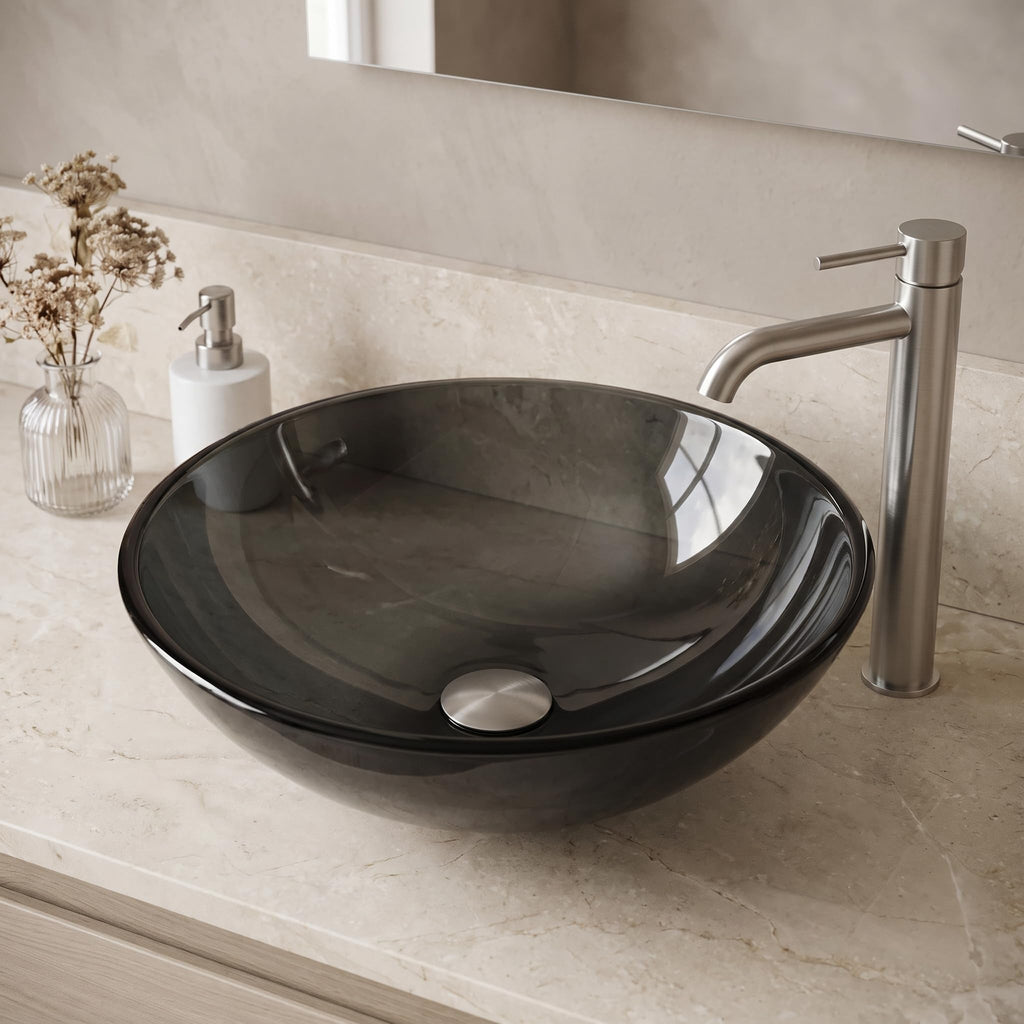 Vigo Vessel Sink Copper - 17â Artistic Round Bowl Sink for Bathrooms, Tempered Glass Above Counter Bathroom Sink with NonStickShield, QuickDrain & TempGuard, Modern Luxury Design