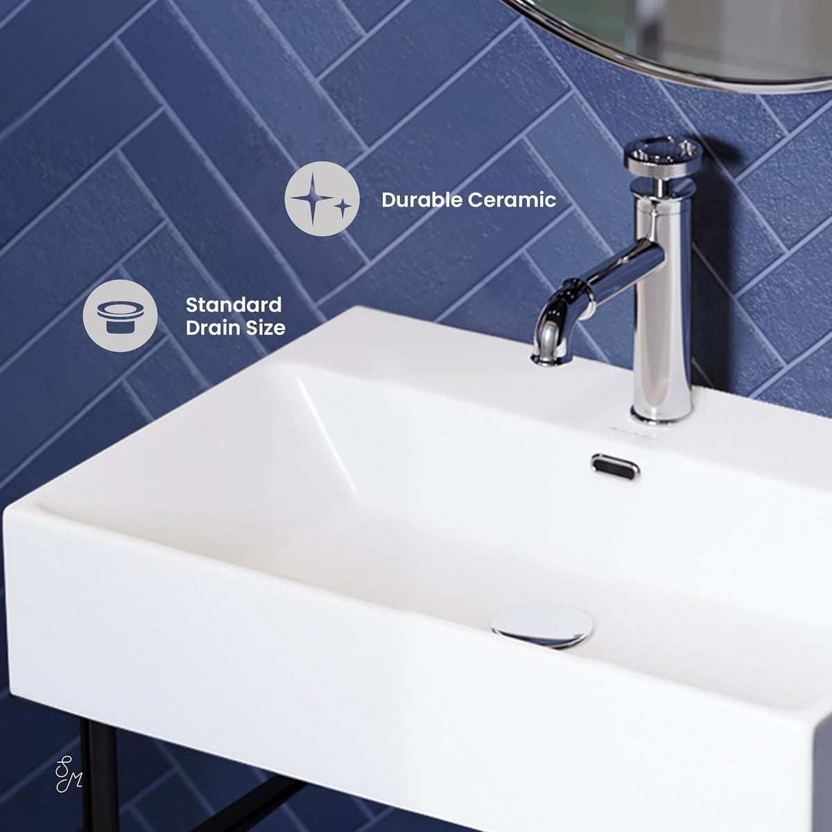 Claire 24" Ceramic Console Sink, White Basin Black Legs, with Overflow Drain
