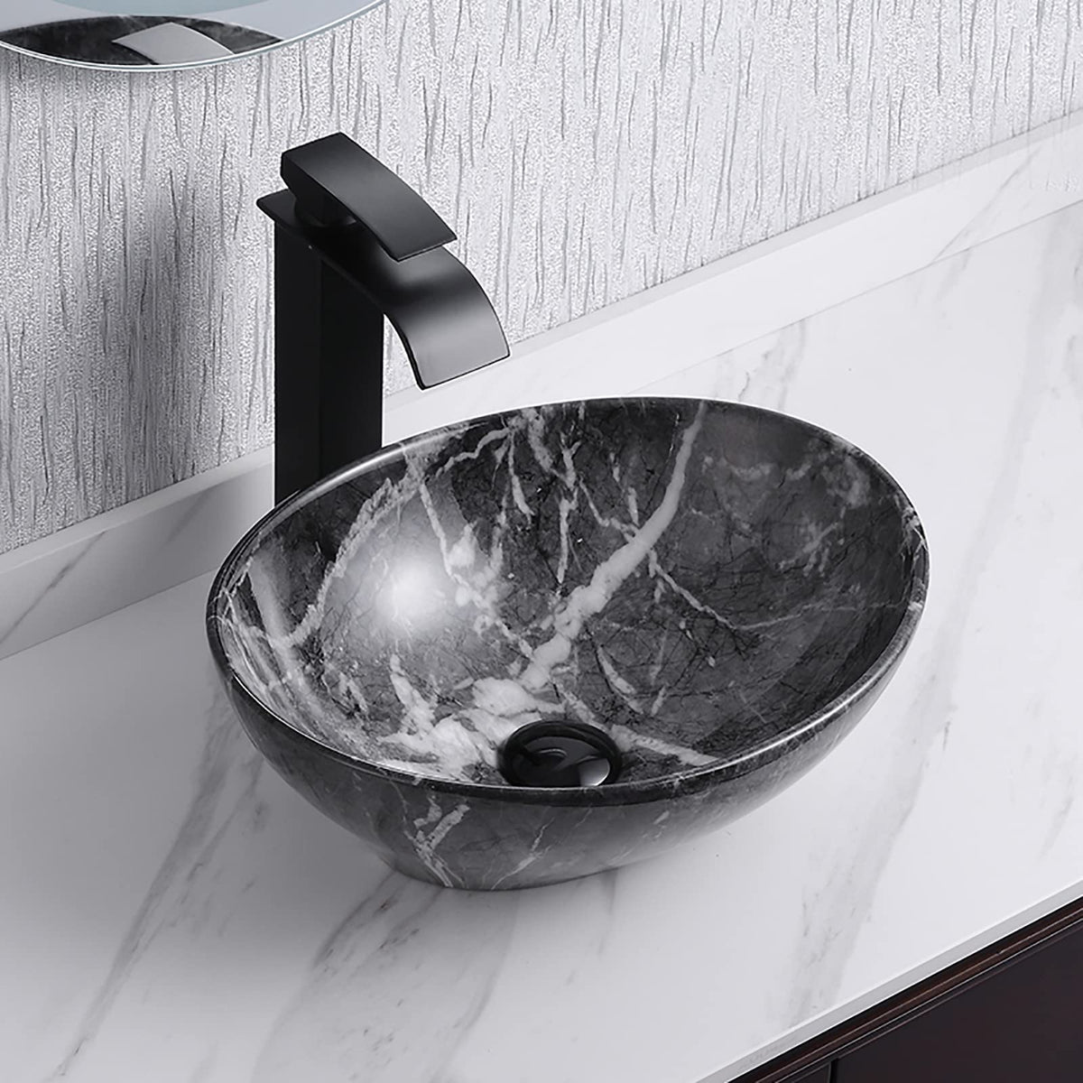 Davivy 15.7'' X 13.4'' Matte Black Oval Vessel Sink with Pop Up Drain,Bathroom Vessel Sinks,Ceramic Vessel Sink,Bathroom Sinks Above Counter,Matte Black Vessel Sinks for Bathrooms