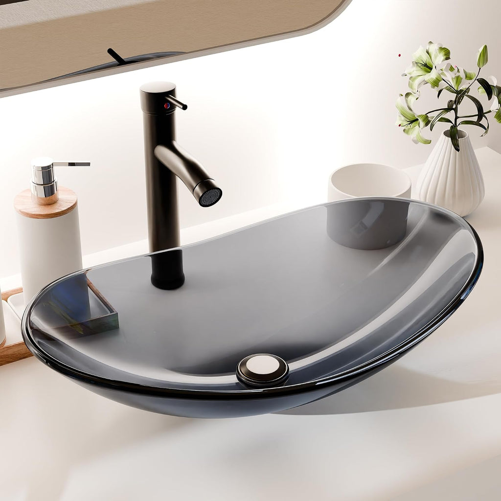 Vessel Sink Bathroom Sinks Tempered Glass Art Basin 20.8"x13.7" Oval Bowl Above Counter with Faucet and Pop-Up Drain Combo, Oval Clear Grey,Modern Countertop Bowl Sink