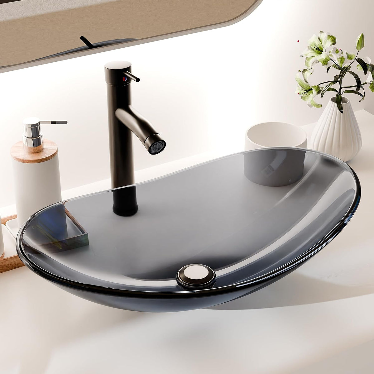 Vessel Sink Bathroom Sinks Tempered Glass Art Basin 20.8"x13.7" Oval Bowl Above Counter with Faucet and Pop-Up Drain Combo, Oval Clear Grey,Modern Countertop Bowl Sink