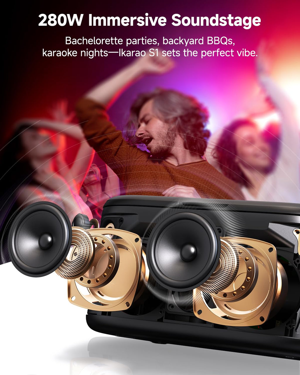 Ikarao Karaoke Machine with Microphone Stand, Portable Bluetooth Speaker for Party, Backyard, Karaoke System with 2 Wireless Microphone for Adults Kids, for Women, Men, Singing Lovers