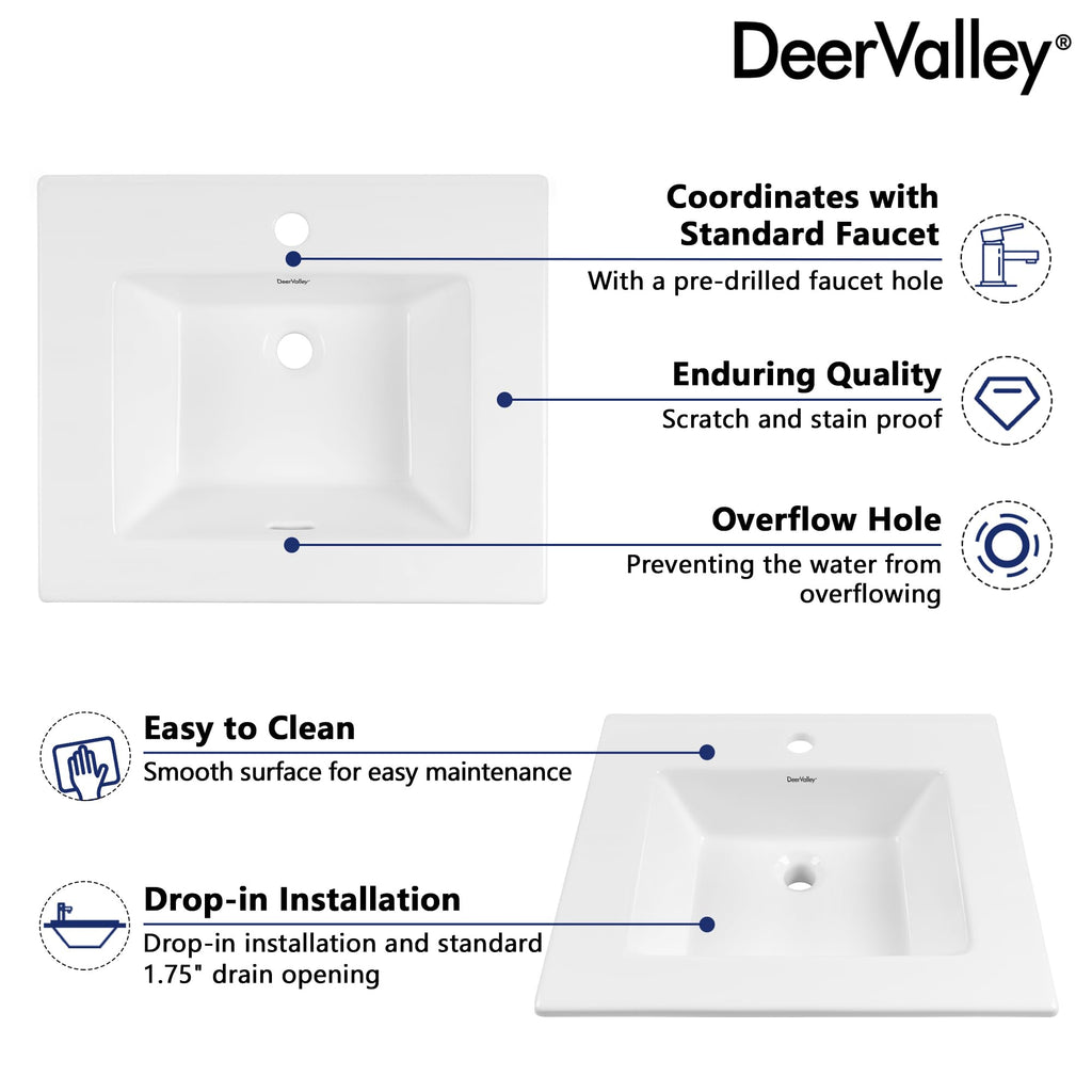DeerValley Modern Drop In Bathroom Sink White 20"x17" Oval Vanity Art Basin