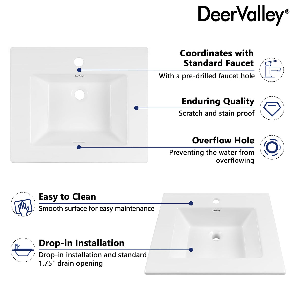 DeerValley Modern Drop In Bathroom Sink White 20"x17" Oval Vanity Art Basin