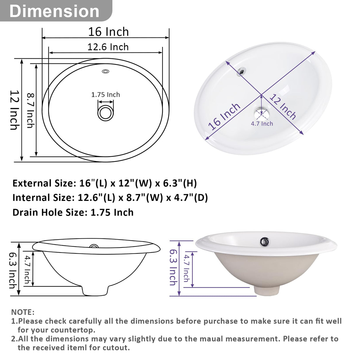 Small Bathroom Vessel Sink 16.7'' x 12.6'' Semi Recessed Bathroom Sink Rectangular Drop-in Vanity Sink with Overflow White Ceramic Modern Art Basin