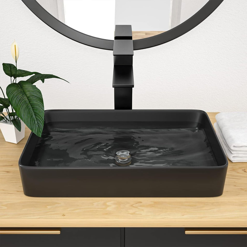 Kichae 16"x12" Vessel Sink Rectangle - Modern Above Matte Black Porcelain Ceramic Bathroom Vessel Vanity Sink Bowl Art Basin