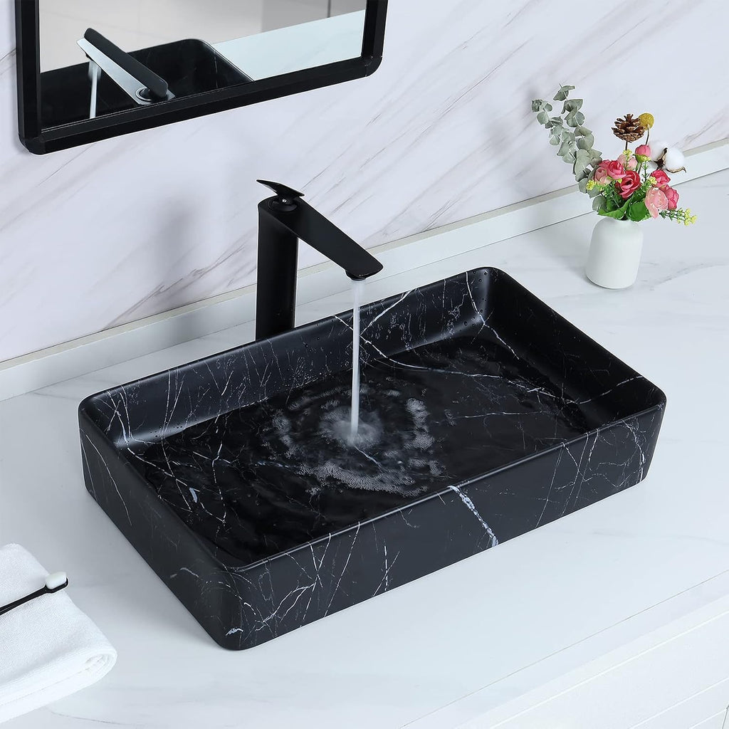 Davivy 23.6''x13.3'' Large Nordic Marbling Matte Black Rectangle Vessel Sink with Pop Up Drain,Bathroom Vessel Sinks,Bathroom Sinks Above Counter,Black Ceramic Vessel Sink for bathrooms (Large)
