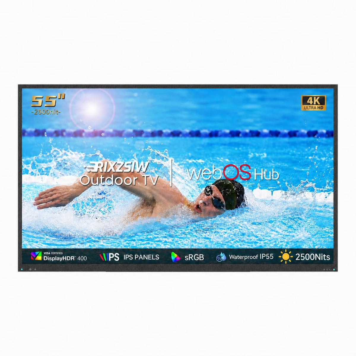 55 Inch Outdoor TV, 2000 Nits Ultra Bright 4K UHD Weatherproof Television, IP55 Waterproof Smart Outside TV with WebOS for Sunlight, Backyard, Poolside, Deck & Patio