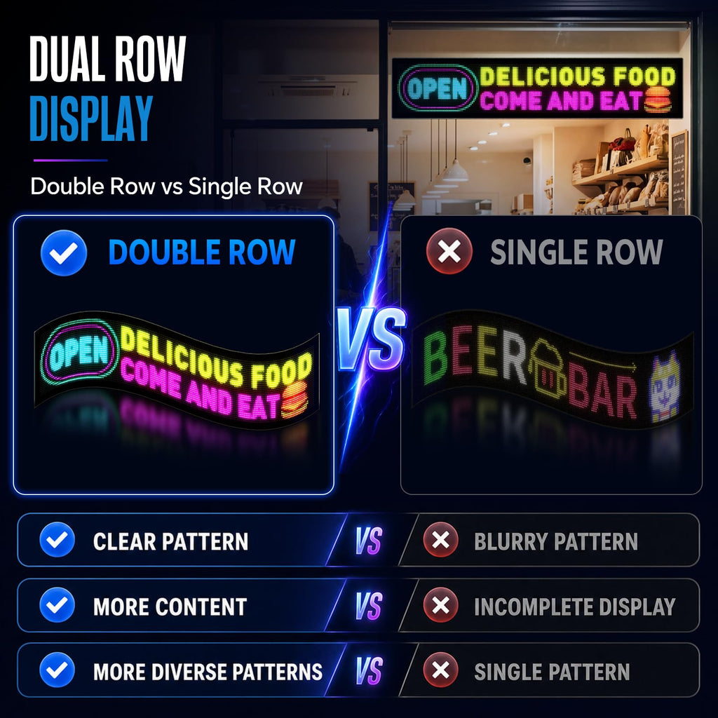 Rayhome Full Color Dual Row Programmable LED Sign, 43''x6.3'' Flexible P5 USB Bluetooth APP Control LED Signs Custom Text Message Pattern Scrolling LED Display for Store Bar Hotel School.