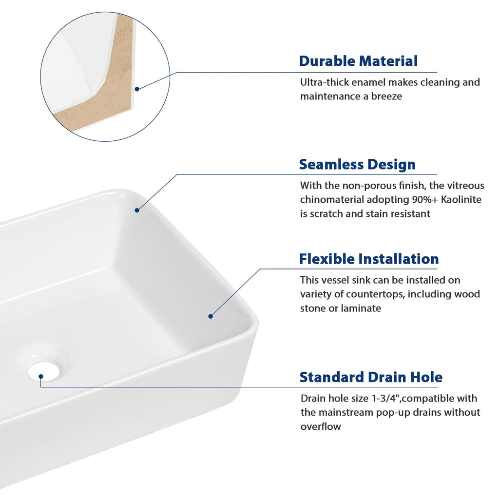 Sarlai Black Vessel Sink Rectangular - 24"x14" Modern Bathroom Vessel Sink Rectangle Above Counter Black Ceramic Porcelain Lavatory Vanity Sink Art Basin