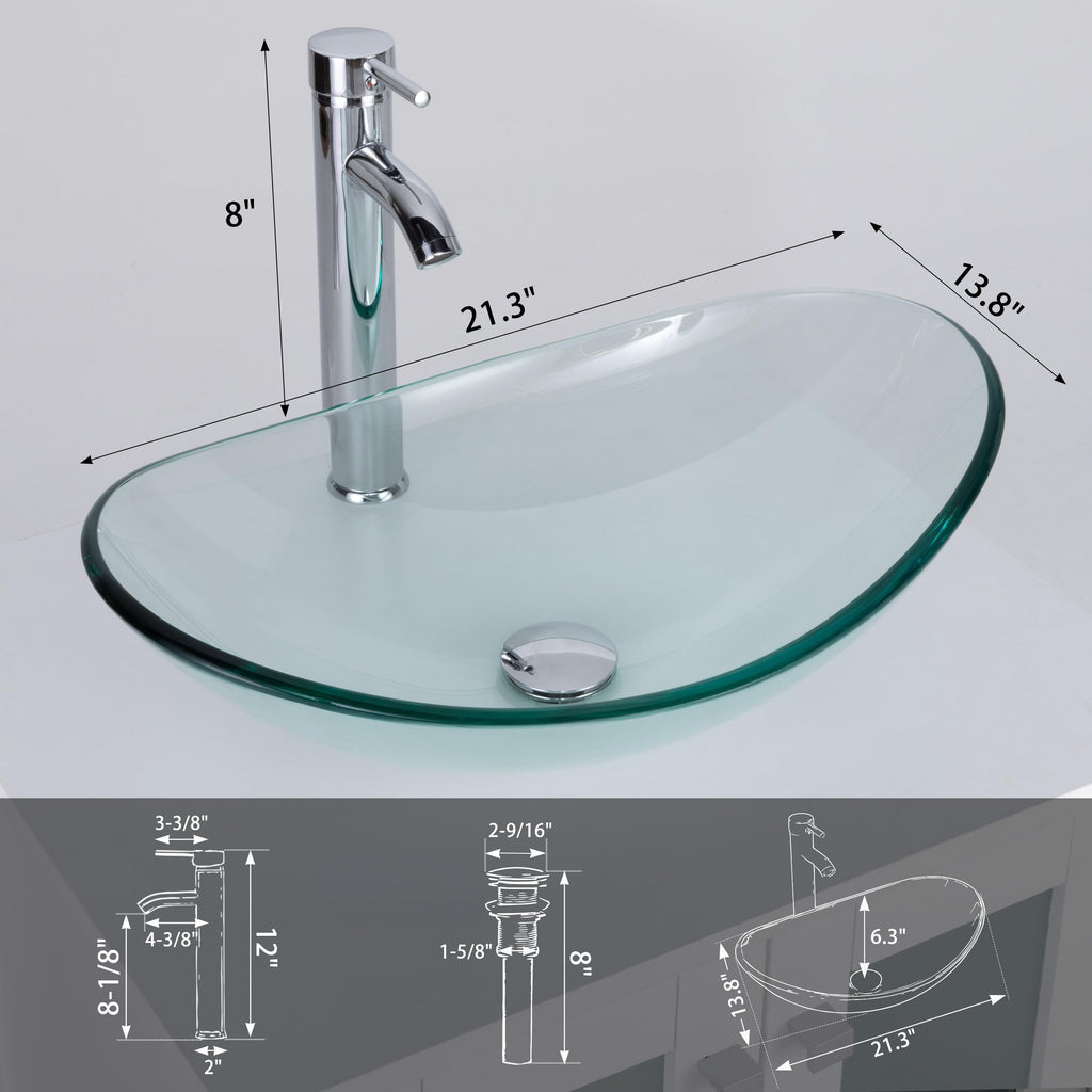eclife 21.5" Bathroom Vessel Sink Modern Artistic Single Brown Boat Tempered Glass Basin Countertop Bowl Sink for Lavatory Vanity Cabinet, W/Water Save Faucet Pop Up Drain (A29BR)