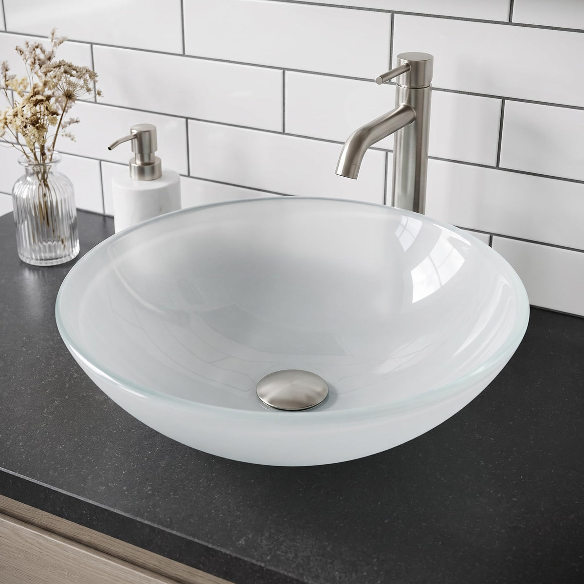 Vigo Vessel Sink Copper - 17â Artistic Round Bowl Sink for Bathrooms, Tempered Glass Above Counter Bathroom Sink with NonStickShield, QuickDrain & TempGuard, Modern Luxury Design