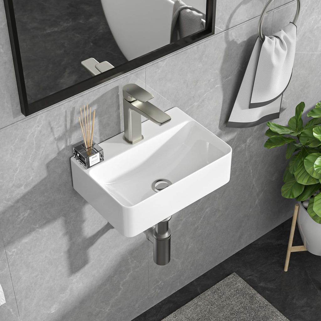 Lordear Wall Mounted Vessel Sink 16x11 Inch, U-Shape White Porcelain Bathroom Sink with Black Faucet and Support Pedestal Legs, Wall Hung Vanity Sink with Towel Rack for Small Bathrooms