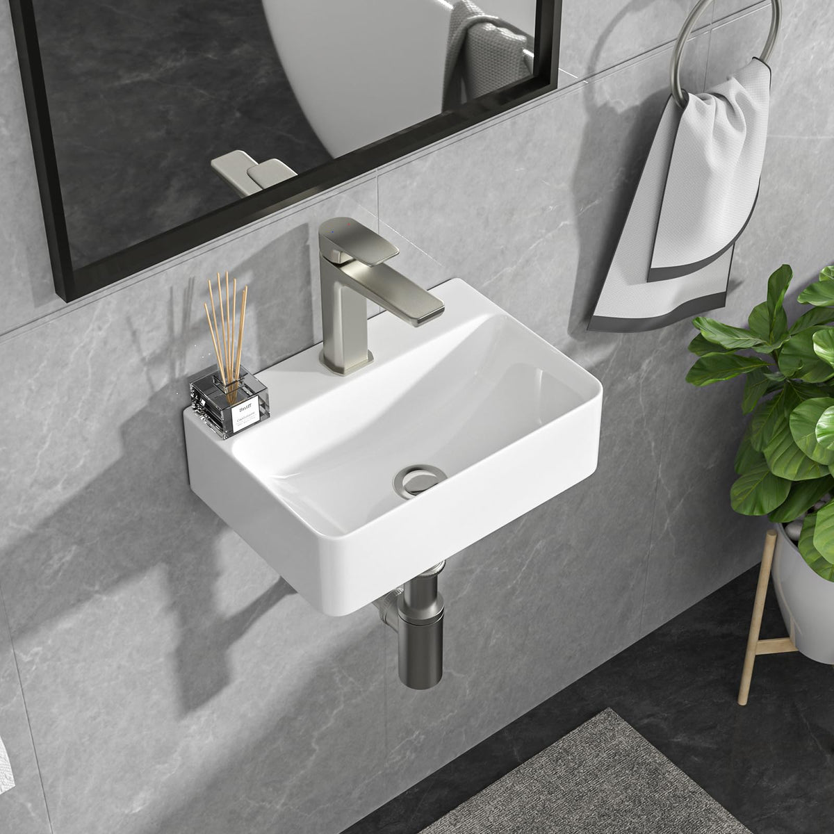 Lordear Wall Mounted Vessel Sink 16x11 Inch, U-Shape White Porcelain Bathroom Sink with Black Faucet and Support Pedestal Legs, Wall Hung Vanity Sink with Towel Rack for Small Bathrooms