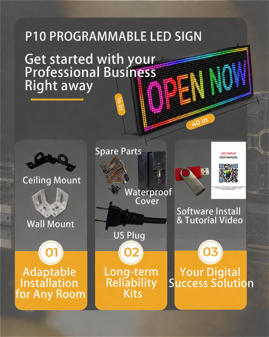 P10 Programmable LED SIGN 40"Ã8" Scrolling LED Display, High Brightness & IP65 Waterproof Indoor Outdoor Digital Signage led screen, Open Signs Welcome Sign for Store Business Advertising